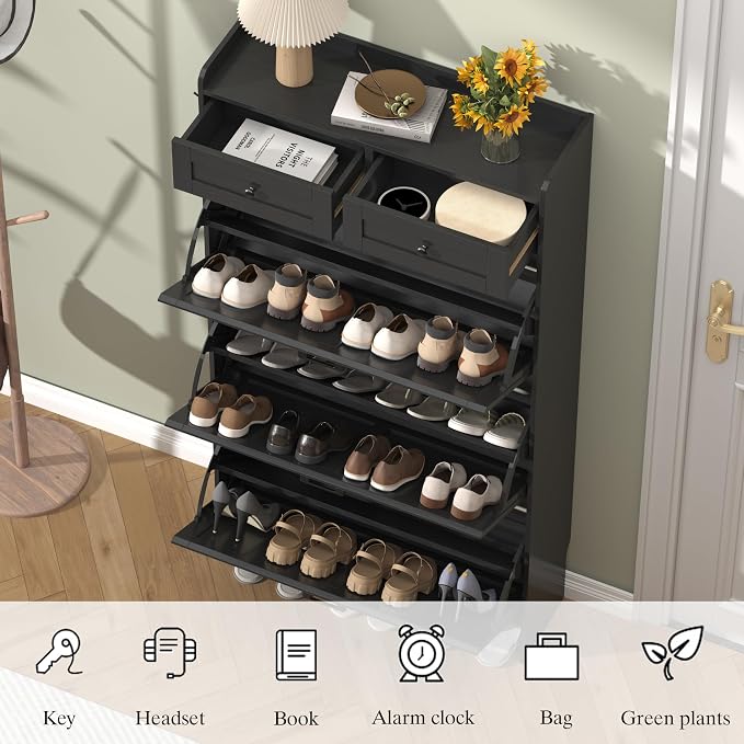 Thacuok Shoe Cabinet with 3 Flip Drawers & 2 Storage Drawers, Rustic Farmhouse Narrow Shoe Organizer Cabinet, Slim Shoe Rack Cabinet, Shoe Storage Cabinet for Entryway, Hallway, Front Door
