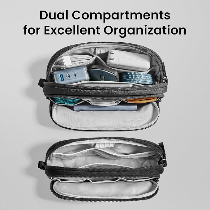 tomtoc Electronic Organizer Travel Case, Dual Compartment Tech Organization | Water Resistant Cable Pouch Storage Bag for Charger, Cord, Phone, Hard Drive, Power Bank, Accessories Travel Essentials
