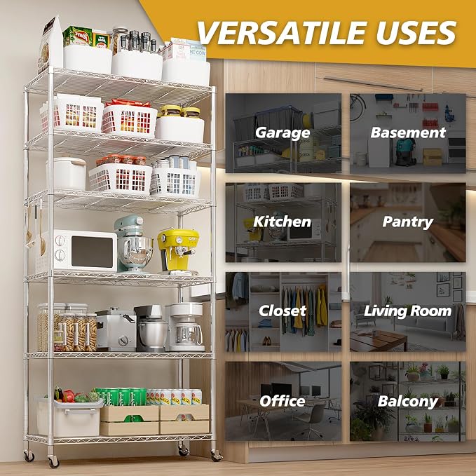 Karl home Silver 6-Tier Wire Storage Shelving with Wheels | Adjustable Storage Unit , Size 78.7"H X 35.4" W X 17.7" D, Suitable for Garage, Kitchen and Basement