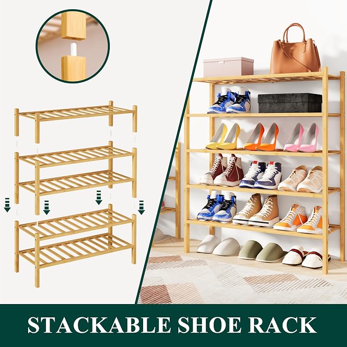 Smiry Bamboo Shoe Rack, 2 Tier Free Standing Wooden Shoe Organizer, Stackable Wood Shoe Storage Shelf for Closet, Entryway, 12 Vertical Slats, One-piece Standard Legs, 26.8"x11"x13", Natural