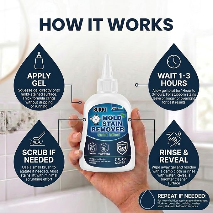 BUKKI Professional Mold Stain Remover Gel (7 FL OZ, Pack of 2), Heavy Duty Thick Gel for Shower Grout, Front Load Washer Seals, Caulking, Bathrooms, Sinks and Tile