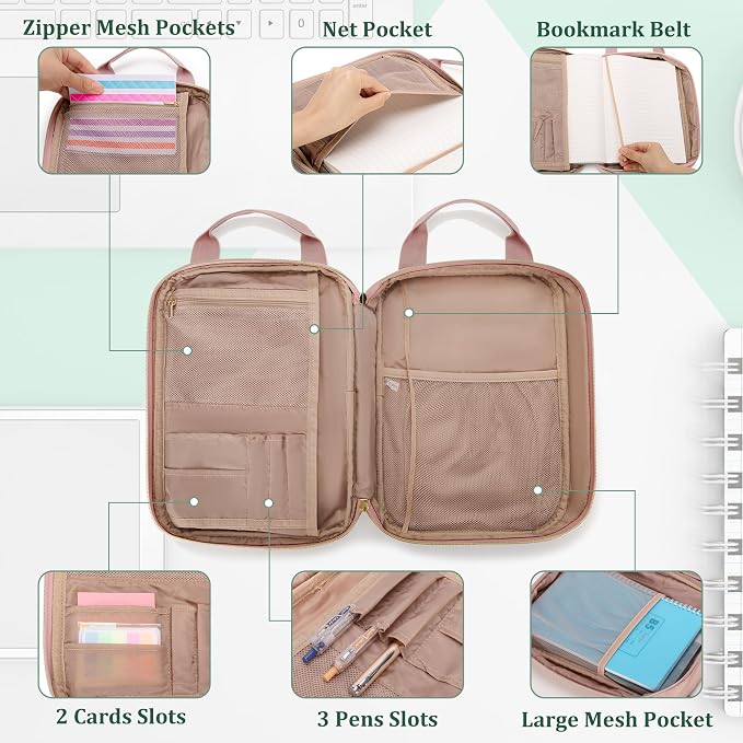 Teamoy Journal Supplies Storage Case, Planner Bag with Pen Slots, Pink | Quilted Stationery Bag with Shoulder Strap, Travel Organizer Holder for B5 Notebooks, Planner, Pens, and Journal Accessories
