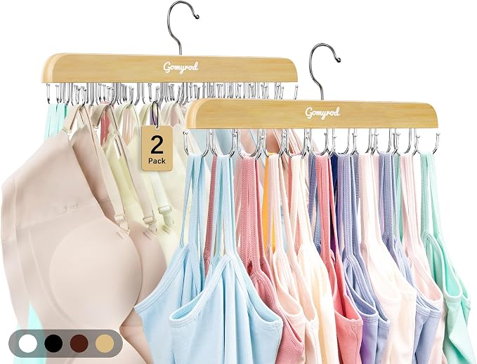 Gomyrod Bra Hanger for Closet, Tank Top Hangers 2 Pack w/20 Hooks Holds 40 Bras, Capacity Foldable Wood Space Saving Hanger, 360°Rotating Closet Organizers and Storage for Dorm & Apartment | Premium Wood Space Saving Hanger, 360°Rotating Closet Organiz...