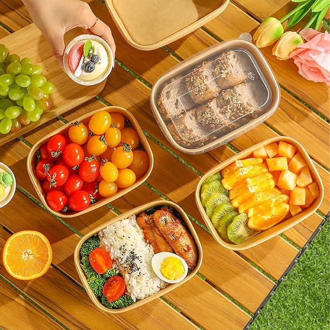 50-Pack 29oz Disposable Kraft Paper Bowls【with Lids and Forks】,Meal Prep Containers Disposable Deli Containers Disposable Soccer Party Food Trays Take Out Containers, Microwave Safe for Hot/Cold Food