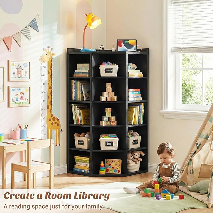 Aheaplus Corner Cabinet, 6-Tier Corner Bookshelf with Power Outlets, Corner Cube Storage Shelf with Top Table, Wooden L Cubby Toy Storage with 15 Cubes for Home Office, Bedroom, Living Room, Black