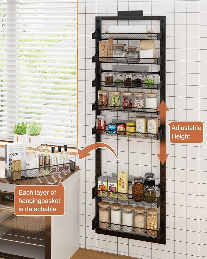 8 Tier Pantry Door Organizer, 2 IN 1 Over the Door Pantry Organizer with Metal Adjustable Baskets,Spice Rack Wall Mount or Door Organizer, Door Spice Rack for Pantry