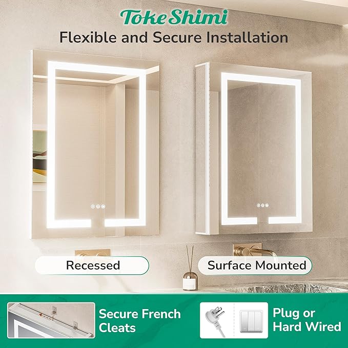 TokeShimi 36x30 Led Mirrored Medicine Cabinet Recessed for Bathroom Vanity, 3 Color Dimmable Medicine Cabinet with Mirror Lighted and Defogger,2-Side Fornt Lit Bathroom Mirror with Storage,2 Sockets