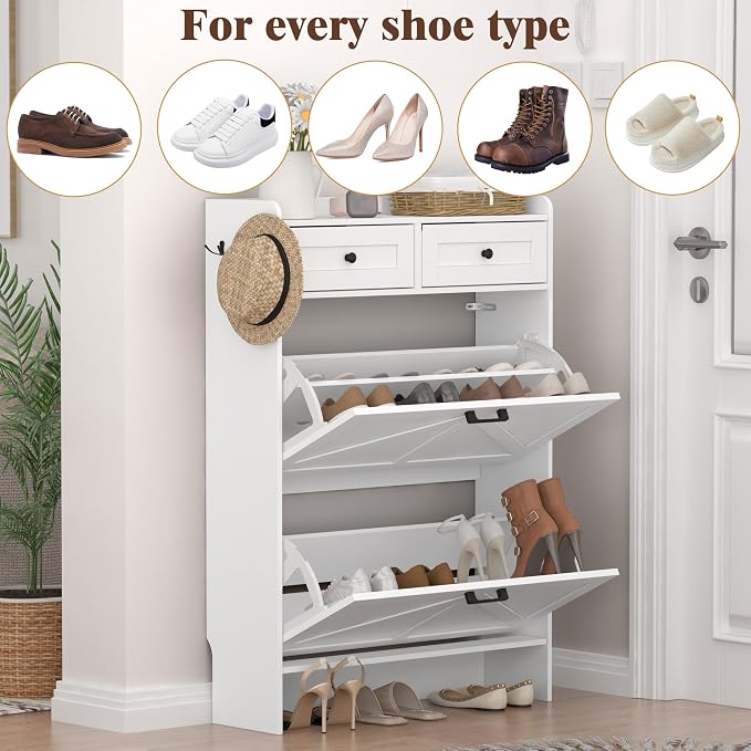 Thacuok Shoe Cabinet with 2 Flip Drawers & 2 Storage Drawers, Rustic Farmhouse Narrow Shoe Organizer Cabinet, Slim Shoe Rack Cabinet, Shoe Storage Cabinet for Entryway, Hallway