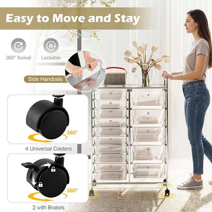 DREAMADE 15-Drawer Rolling Storage Cart, Mobile Craft Cart, Clear | Utility Organizer with Lockable Wheels, Removable Plastic Drawers and Metal Frame for Home Office, Classroom and Studio