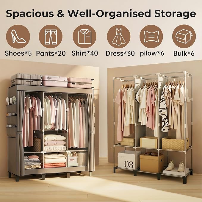 Portable Closet Wardrobe Closet for Hanging Clothes with 3 Hanging Rods for Bedroom, Non-Woven Fabric Clothes Closet for Living Room Easy Assemble