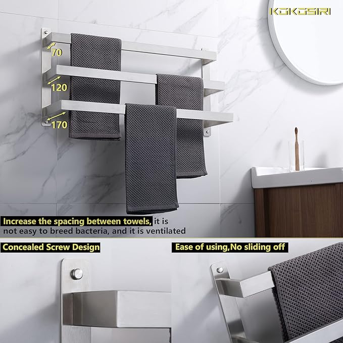KOKOSIRI Bath Towel Bars Bathroom 3-Tiers Ladder Towel Rails Towel Holders Wall Mounted Towels Shelves Rack Brushed Stainless Steel, B5006BR-L24