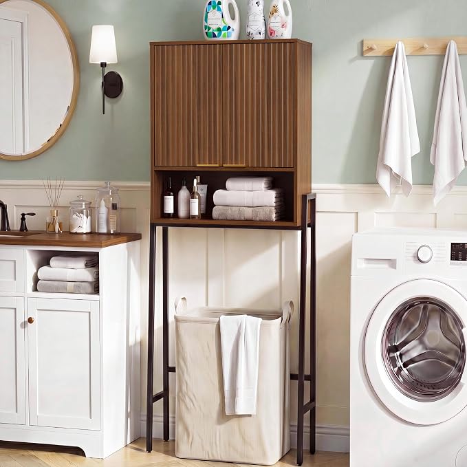 25" W Over The Toilet Storage Cabinet with Fluted Door,Bathroom Organizers and Storage with Adjustable Shelves, Modern Over Toilet Organizer for Bathroom,Restroom,Laundry,Walnut