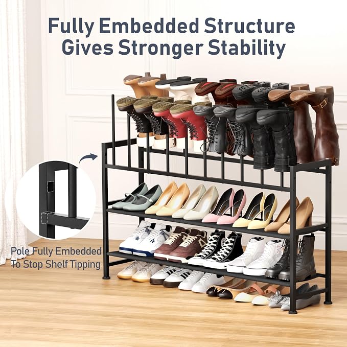 DIMJ Boot Rack 4-Tier - Black Metal Boot Storage Rack Tall Boots Organizer, Multiuse Shoe Rack for Boots, Sneakers, High-Heel, Entryway, Fits 10 Pairs