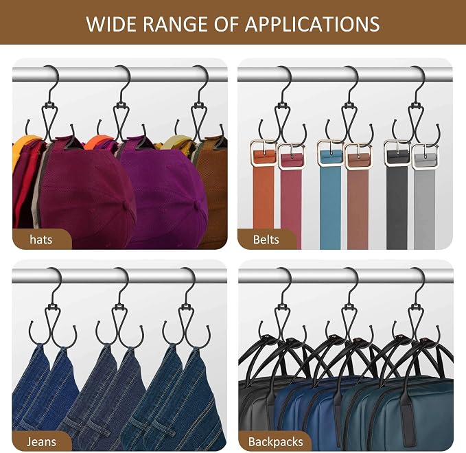 ZEDODIER 6 Pack Purse Hanger Bag Organizer for Closet, Heavy Duty Rotatable Purse Holder with 12 Storage Capacity, Bag Storage Rack for Purses Bags Backpacks, Black