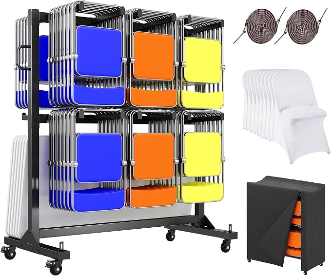 SPECRAFT Folding Chair Rack, Holds 12 Tables or 84 Chairs with 50 PCS Chair Covers, 1100 lbs Capacity, Heavy-Duty Cart with Wheels, Elastic Cords, Cover, Glossy Black