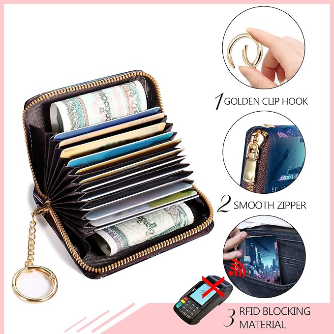 Blusabaca RFID Credit Card Holder Small Women Travel Wallet, Cyberpunk Art | Removable Keychain, Case with Zipper, Vegan PU Leather, Cash Coin Pocket, Business Accordion Purse, Ladies Female Gift