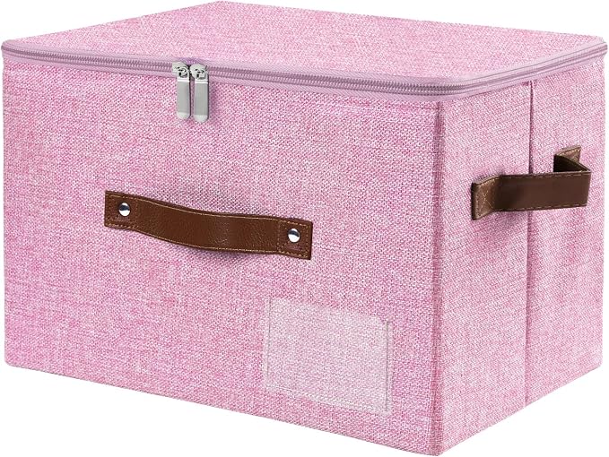 ANMINY Fabric Storage Box Bins with Zipper Lid, Washable Pink | Cotton Linen Fabric, PP Board Frame, Label Holder, Stackable & Foldable, PU Handles, Dual-Zipper 3-Side Open Lid, Medium