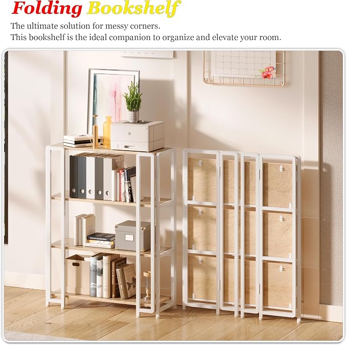 UDD 4 Tier Wide Folding Bookshelf No Tools Assembly, 34.5" H x 30.9" W, Foldable Book Shelf Vintage Collapsible Bookcase, Industrial Storage Shelves for Bedroom Office Living Room, Light Oak White