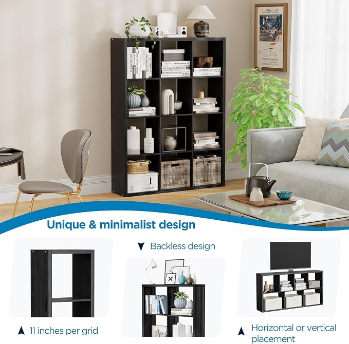 12-Cube Storage Organizer, Wooden Cube Shelf Bookcase with Reinforced Thick Shelves, Heavy-Duty 36.93" L x 9.37" W x 48.82" H, for Living Room Bedroom Home Office, Black
