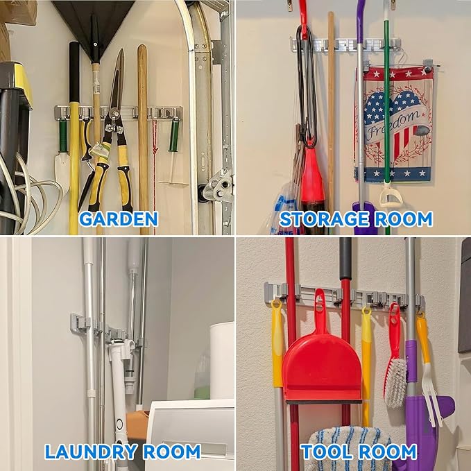 reliahom Broom Holder Wall Mount Mop Hanger Tools organizer 4Racks 5Hooks | Adjustable Stick or Screw Mop Broom Wall Hanging Tool Storage Rack Space-saving for Garage,Kitchen,Laundry Room,Garden,Gray