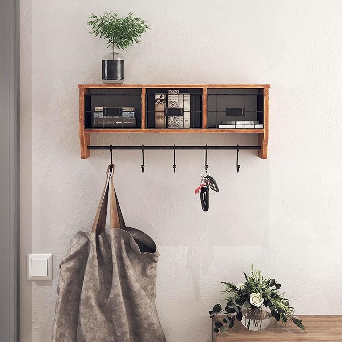 BizChair Wall Mounted Storage Rack - Rustic Brown Solid Pine Wood - 24 Inch - Upper Shelf - 5 Hooks - Wire Baskets - For Entryway, Kitchen, Bathroom
