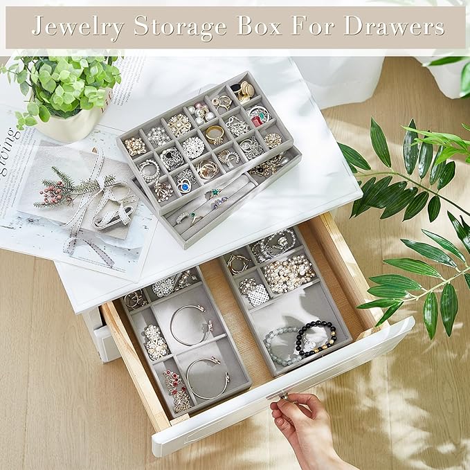 Junkin 18 Pcs Jewelry Drawer Organizer Inserts, Stackable Jewelries Inserts for Dresser Drawers, Drawer Insert Organizers Velvet Jewelry Trays for Rings Earring Bangle Necklace(Gray)