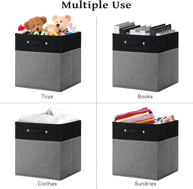 FinishingBo 13 x 13 Inch Fine Linen Storage Bins with Handles，Fabric Cube Boxs，Basket Organizers for Shelves for Home, Closet Drawers (Black/Gray-4 Pack)
