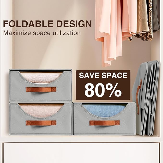 Homsorout Large Closet Organizers - Closet Storage Drawers for Clothes, Fabric Sotrage Bins with Handle, Collapsible Organizer Bins for Bedroom, Living Room, 4 Pack, Gray