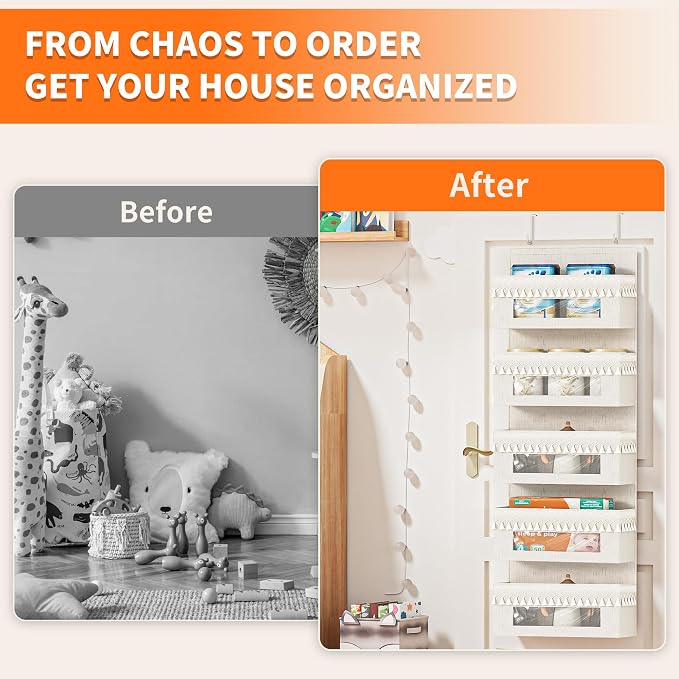 Aokeyee 5 Tier Over Door Organizer Nursery with Tassels and Clear Window | Boho Door Organizer Hanging, 65lb Behind The Door Storage for Bedroom Bathroom