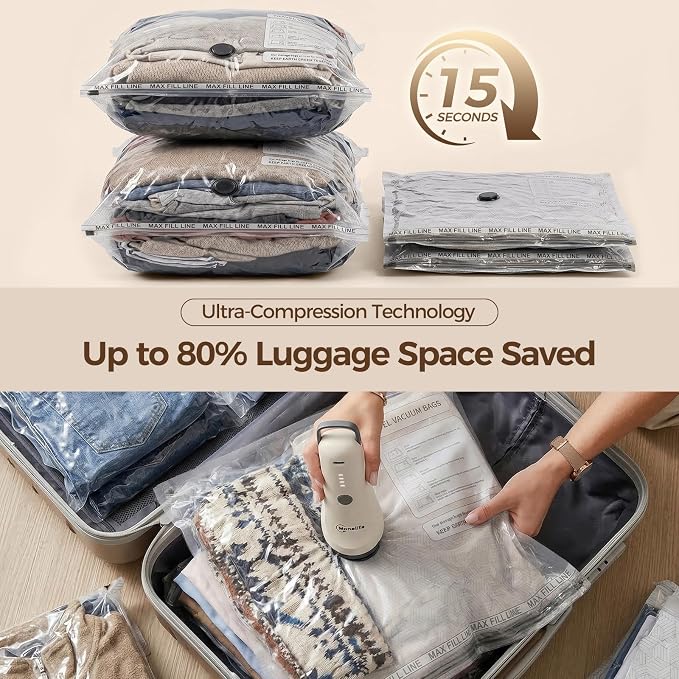 Vacuum Seal Bags for Clothing Travel,15-Pack, 80% Space Reduction | Fits Carry-On, Luggage, and Suitcase, Reusable Airtight Seal Prevents Leaks, Ideal For Home Storage & Travel Packing