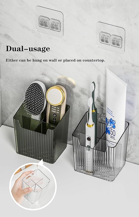 Lae Nuvole 2Pcs Storage Organizer Bins, Wall Mount Toothbrush Holder, Clear | with Dividers & 4 Adhesive Pads, No Drill, Renter Friendly, BPA-Free PET, Fits Bathroom, Apartment, RVs, Cabinet/Pantry Door