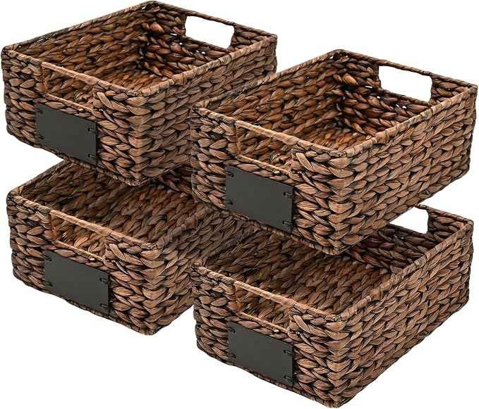 happimess Lane Hyacinth Wicker Pantry Baskets 9"x12"x5", Brown, Set of 4 | Handwoven Decorative Seagrass Containers, Chalkboard Labels, Built-In Handles, Classic Farmhouse Style, Iron Metal Frame