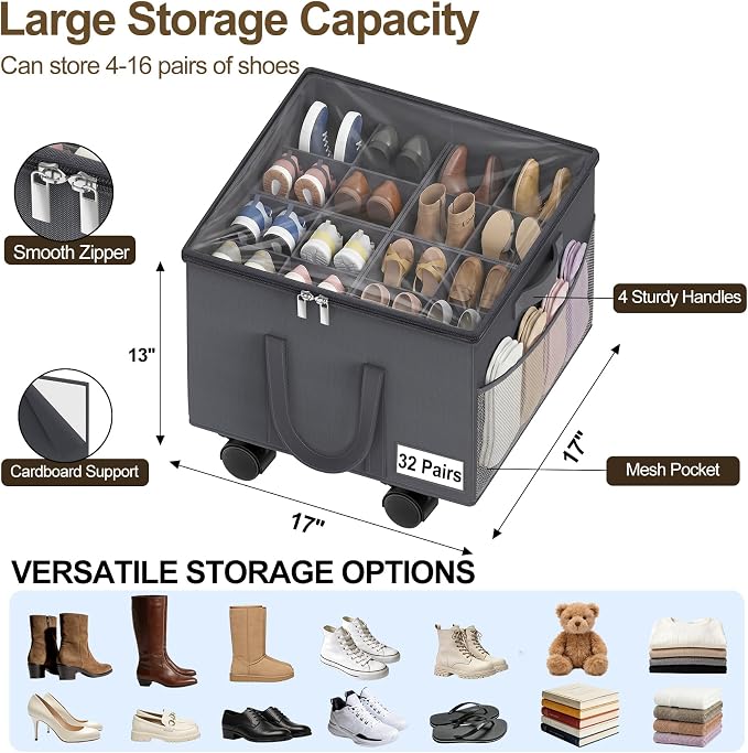 2 Pack Large Shoe Organizer for Closet, 32 Pairs Shoe Storage Box with 360° Wheels & Reinforced Handles, Adjustable Dividers, Clear Cover, Side Pocket, Foldable Oxford Fabric Bin for Entryway, Grey