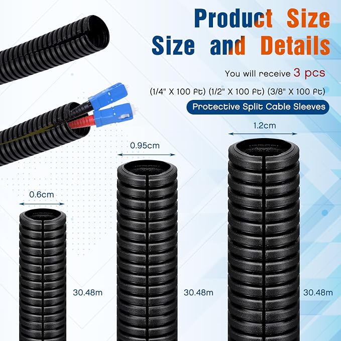Sasylvia 1/4", 1/2", 3/8" x 100ft Split Wire Loom Tubing Assortment Black Flexible Corrugated Cable Sleeve Polyethylene Electrical Wire Protector Cord Cover for Automotive Harness Home & Pet Safe