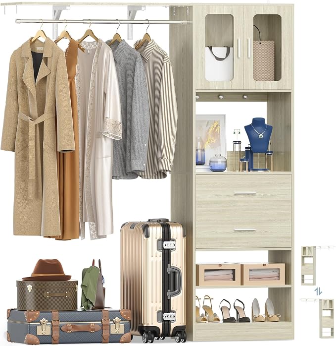 5FT Closet System with Doors and Wooden Drawers, 60'' Reversible Closet Organizer System with Big Wing Shelf and Hanging Rod, 80'' Tall Walk in Wardrobe Closet System with Shelves & Hooks, White Oak