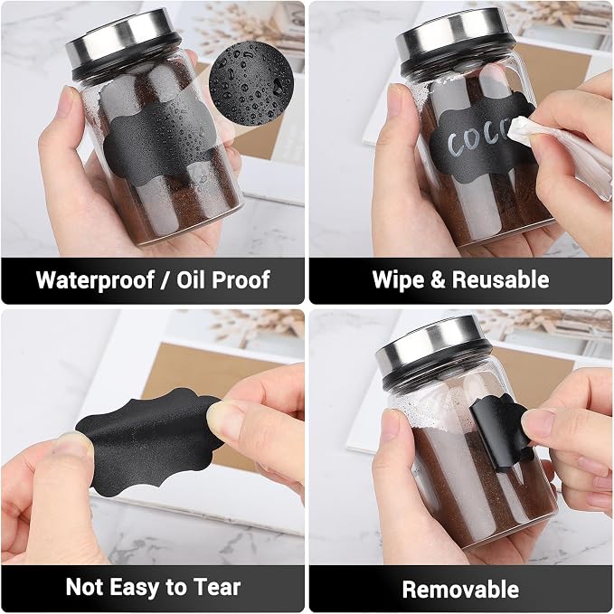 Segarty Labels for Spice Jars, 192 Pcs Assorted Shape Blank Label Stickers with 1 Chalk Marker for Food Container, Waterproof Chalkboard Stickers for Glass Mason, Bottle, Canisters, Storage Bin