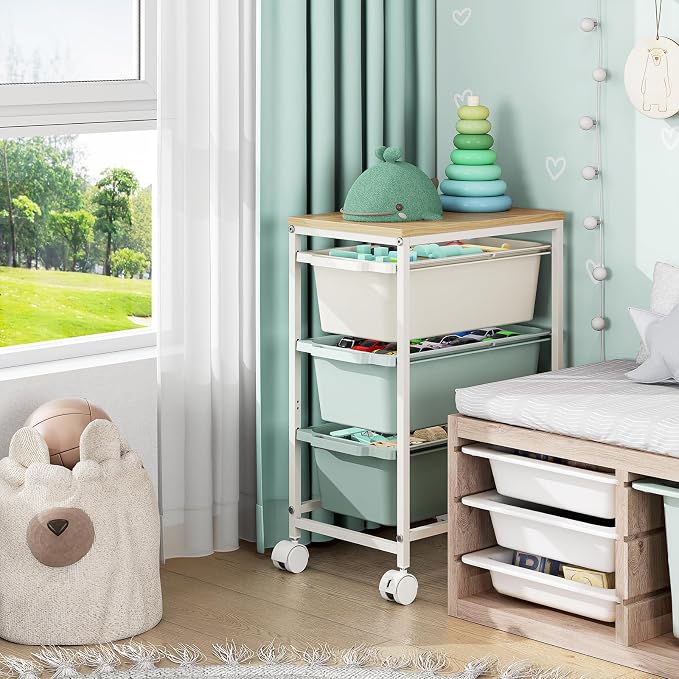 Slim Rolling Storage Cart with 3 Drawers, Craft Organizer, Wooden Tabletop Utility Cart for Bedroom, Children's Room and Office Organization, Under Desk Trolley with Lockable Wheels, Green