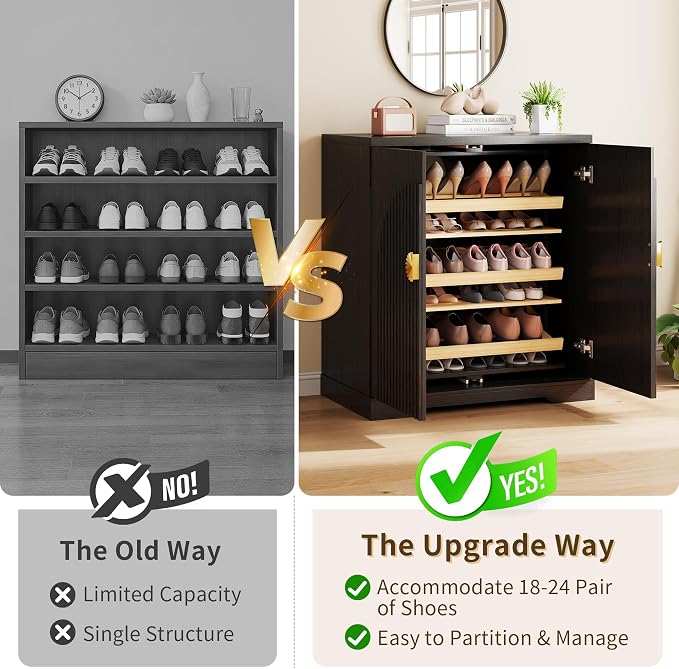 Vlsrka Rotating Shoe Storage Cabinet with Doors and 6 Tier Shelves, Black | Suitable for 18 Pairs Shoe Organizer, Freestanding, Pull Out Shoe Rack, Wooden Entryway Cabinet for Hallway, Closet, Indoor