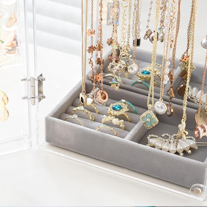 Lolalet Earring Holder Organizer, Acrylic Jewelry Organizer Rotating Clear Earrings Display Box, Dust-proof Jewelry Storage Case with Velvet Tray -Earringmirror