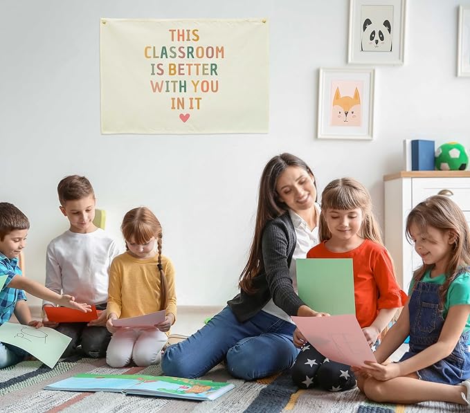 Classroom Wall Flag Decor-Teacher Gift-Inspirational Back to School Wall Banner Decor-This Classroom is Better with You in It -Hanging Rectangular Canvas Banner for Teacher Office Reading Corner