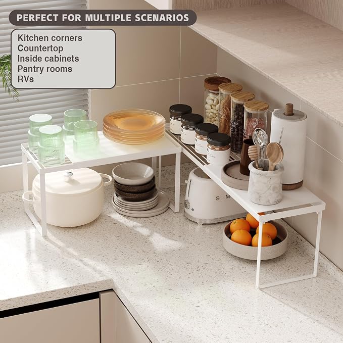 Magheo Expandable Kitchen Countertop Organizer, 2 Pack Stackable Cabinet Shelf Risers, Metal Spice Rack Heavy Duty Counter Organizer Storage for Kitchen, Pantry, Cupboard, Rv (8.7in Height,White)