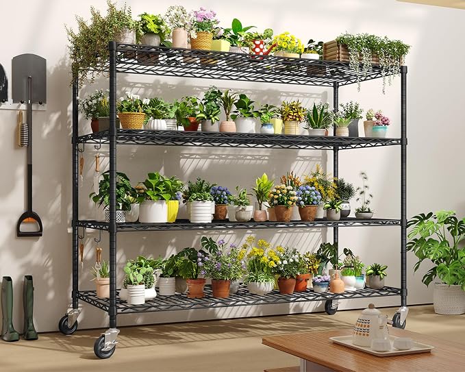 Heavy Duty Garage Shelving with Wheels: 55.5" W x 24" D x 81" H 4 Tier Wire Metal Storage Shelves, Adjustable NSF Commercial Shelf, Rolling Tote Rack Organizer for Pantry, Warehouse, Black