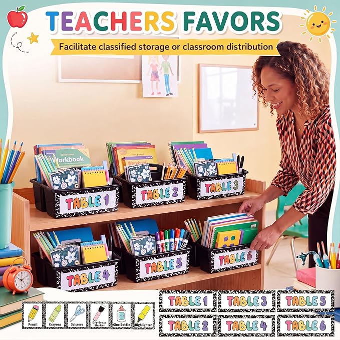 Hushee 6 Pcs Classroom Caddy Plastic Stackable Caddy Organizer with Handle 3 Compartment with 42 Label Portable Craft Basket Organization Storage for Desk Teacher Office School Supplies(Black)