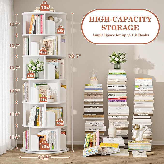 Aheaplus 6 Tier Rotating Bookshelf, Wood Spinning Bookshelf Tower, Round Revolving 360 Bookcase, Narrow Turning Book Shelf Rolling Corner Organizer for Small Space, Bedroom, Office, White