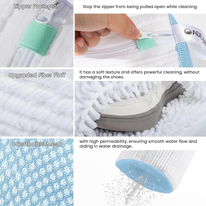 2Pcs Shoe Washing Machine Bag, Sneaker Laundry Bag for Washing Machine, Extra Long and Thick Microfibre Fluff, Reusable for Washer and Dryer (2pcs, White-blue)
