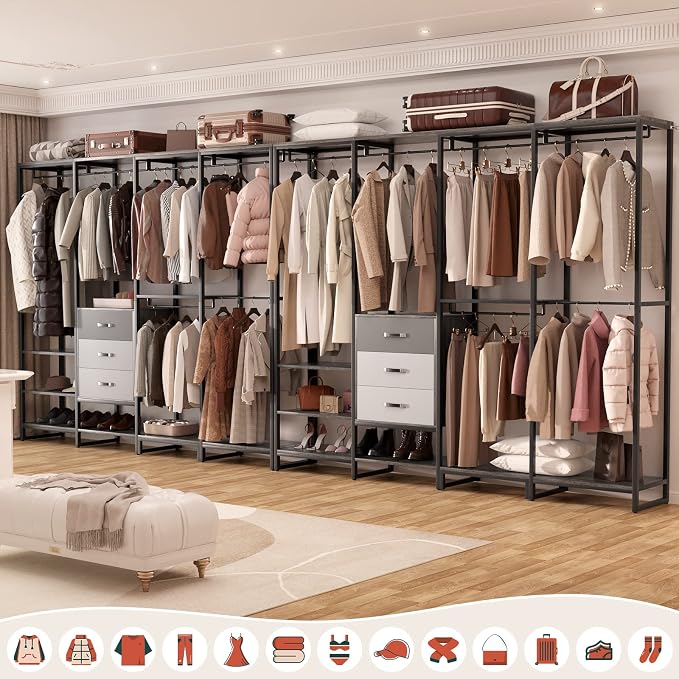 Aheaplus Wood Clothes Rack Wardrobe Organizer for Hanging Clothes, Heavy Duty Garment Rack, Large Corner L Shaped Closet System with 3 Wood Drawers, White and Grey