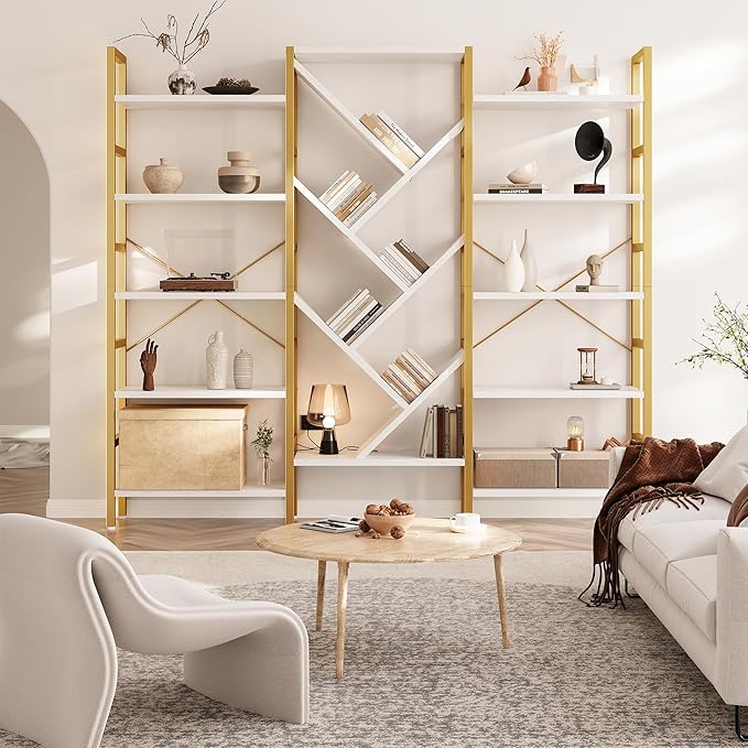 INNOD 70x70” Triple 5 Tier Book Shelf, Large Wooden Bookcase with 17 Open Display Shelf, Modern Tree Bookshelf Metal Frame Tall Book Case Furniture for Living Room Bedroom Home Office White & Gold