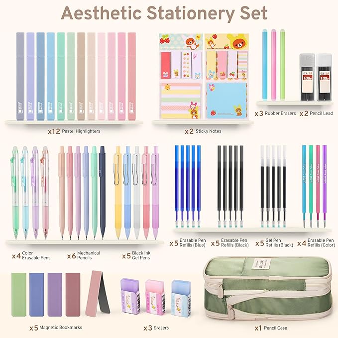 DazSpirit 62PCS Aesthetic Stationery Set with Pencil Case, No Bleed Highlighters, Gel & Erasable Pens, Mechanical Pencils, Refills, Cute College School Supplies for Note Taking, Journaling