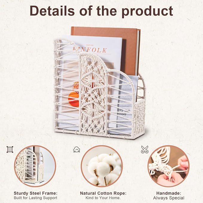 BROWNLILY Macrame Magazine Holder - Unique Handwoven Basket for Books & Home Decor, Exclusive Cotton Rope Weaving Art, Single Piece