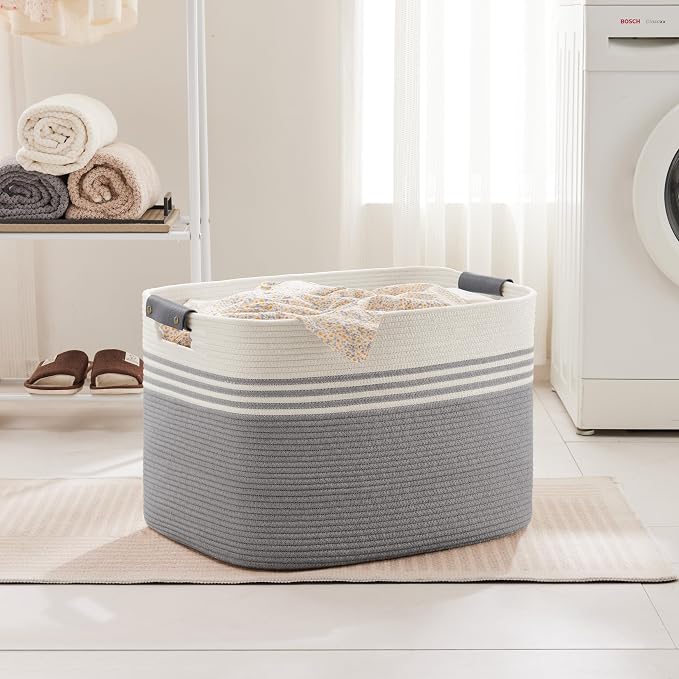 100L Large Woven Laundry Basket Hamper with Leather Handles,Grey | 24"x16"x16", collapsible wicker hamper, storage for dirty clothes, toys, blankets, gifts, living room, bedroom, bathroom